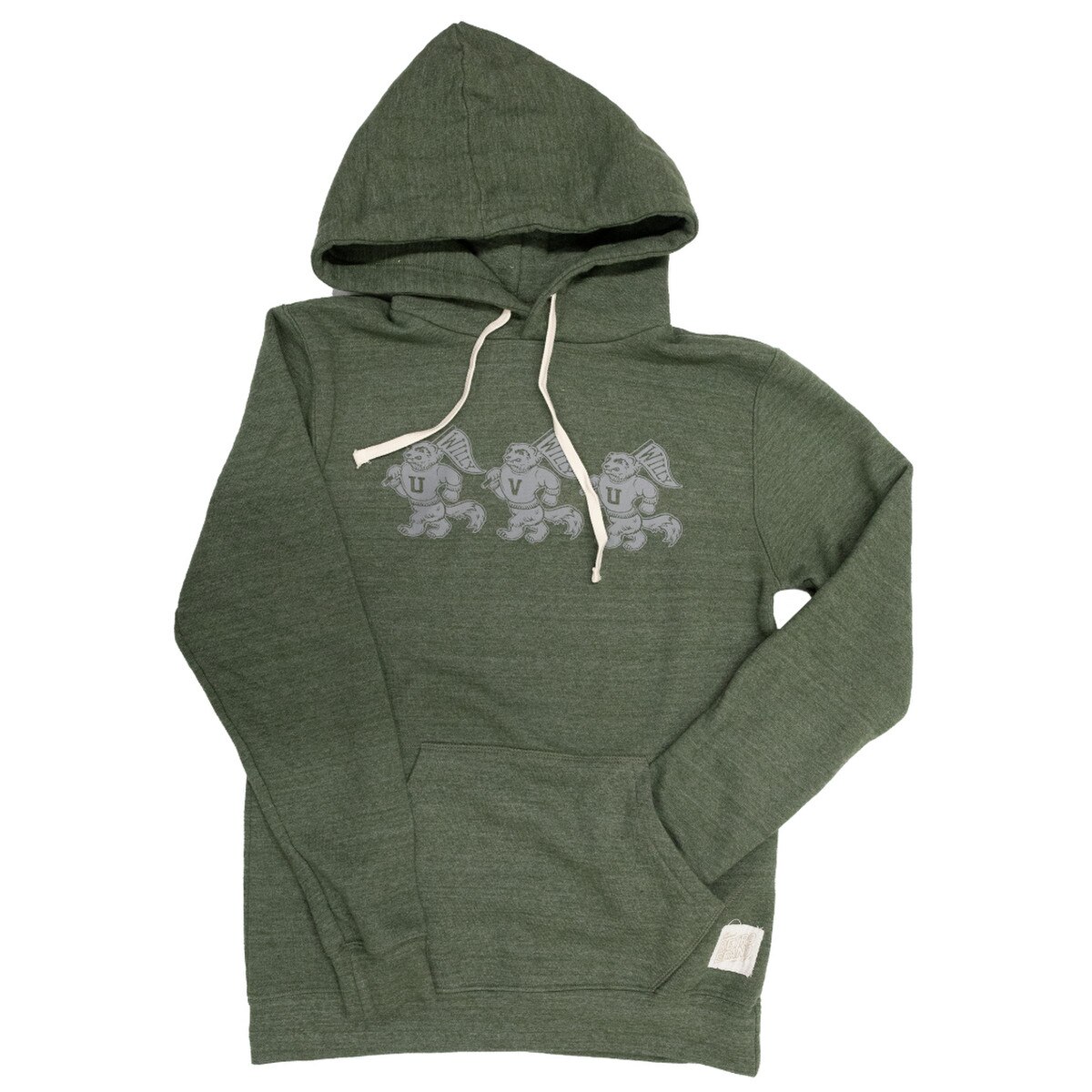 forest green hoodie with 3 vintage cartoon style Willy with a green flag, with their shirts spelling out UVU